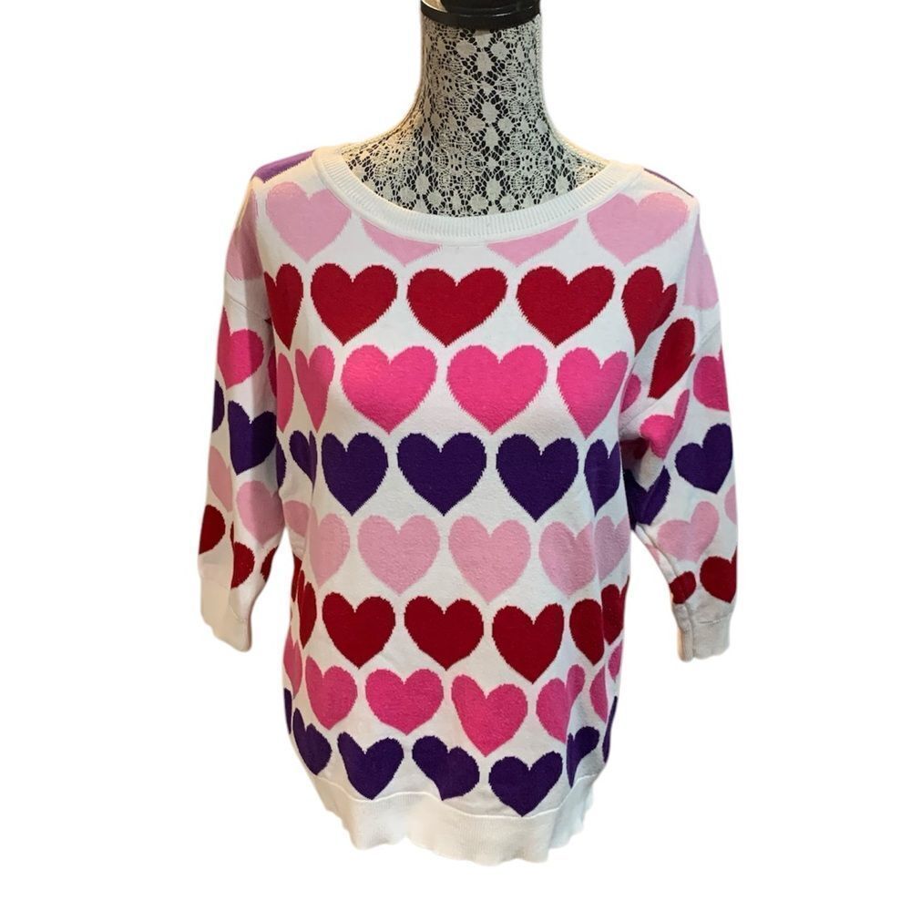 New York & Company Hearts Pink and Purple Crew Neck Sweater